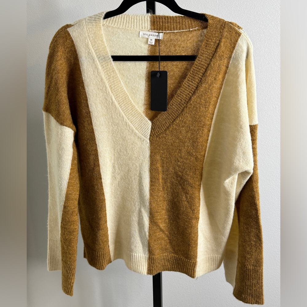 Blu Pepper Camel and Cream V-Neck Sweater